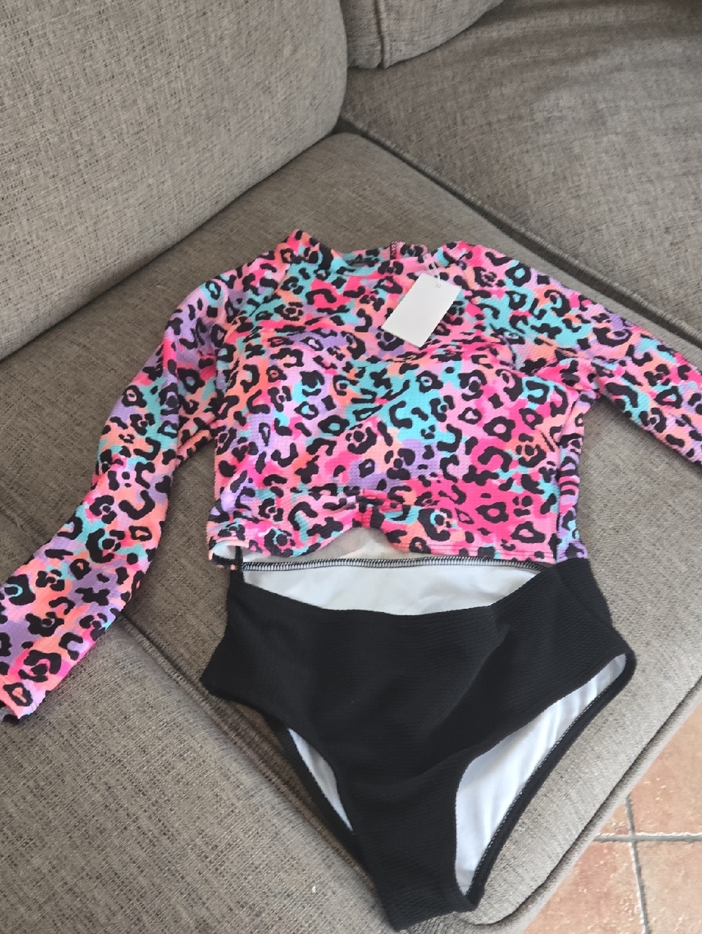 Girls' Long Sleeve Leopard Print Rash Guard One-Piece Swim Set - Pink Multi